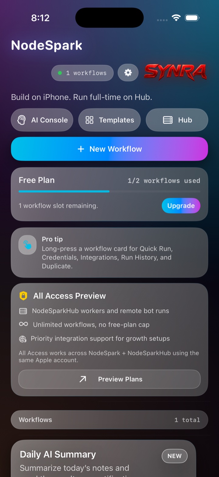 NodeSpark iPhone dashboard with Synra and hub connection