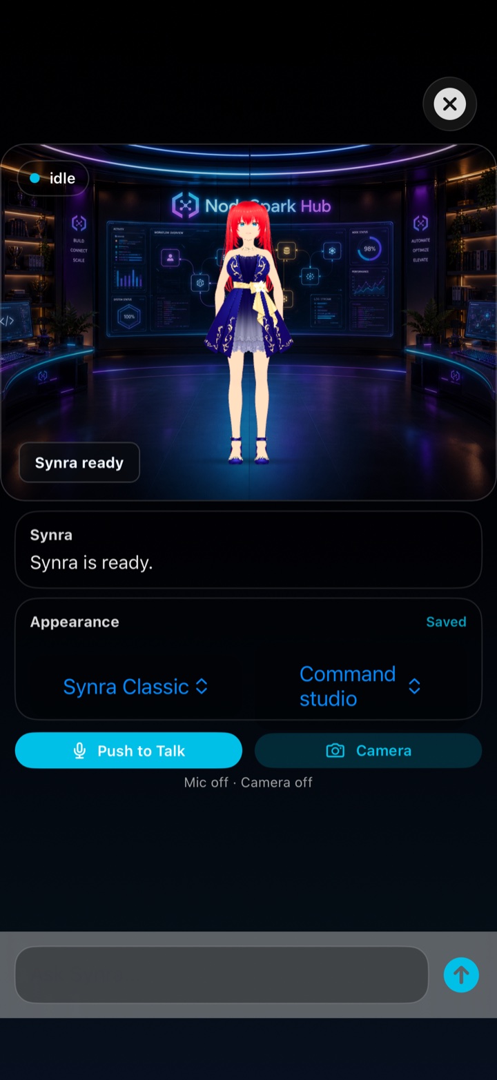 NodeSpark iPhone Synra assistant panel with push to talk and camera controls