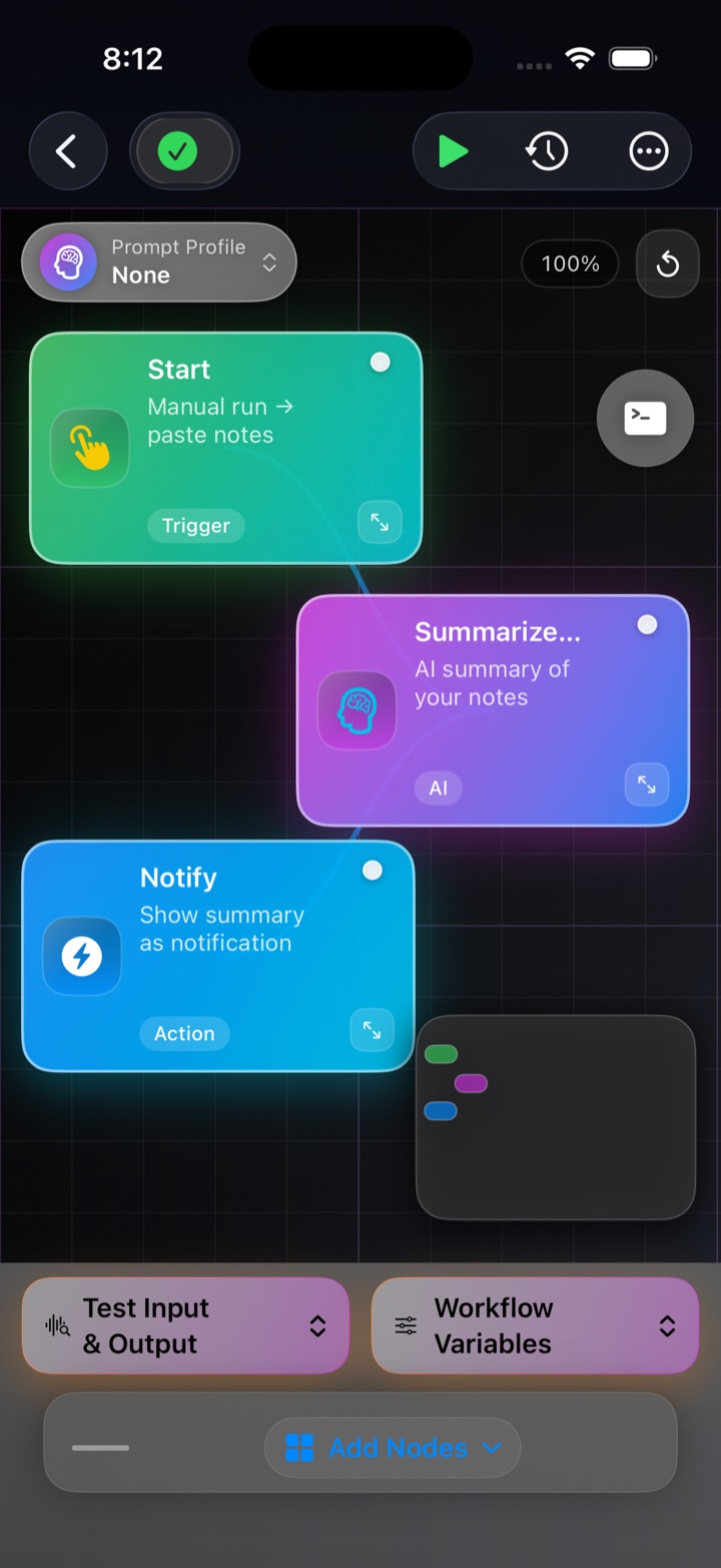 NodeSpark iPhone workflow builder showing trigger, AI summary, and notification nodes