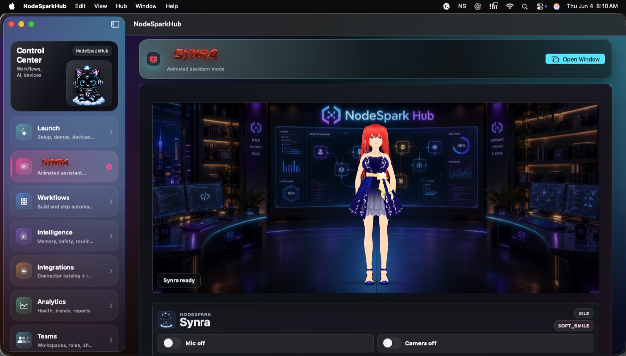 NodeSparkHub Mac app showing Synra assistant mode in the command studio