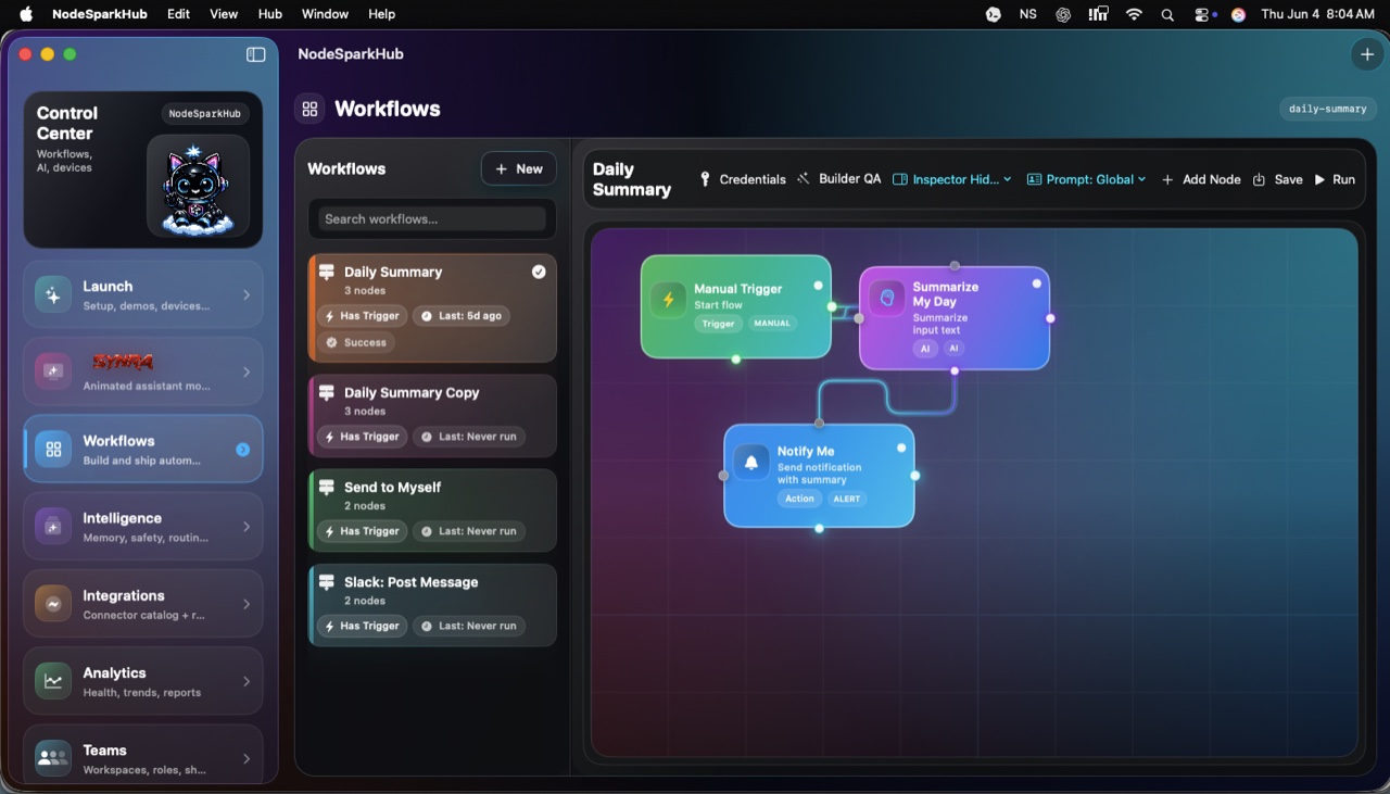 NodeSparkHub Mac workflow builder showing a daily summary automation canvas