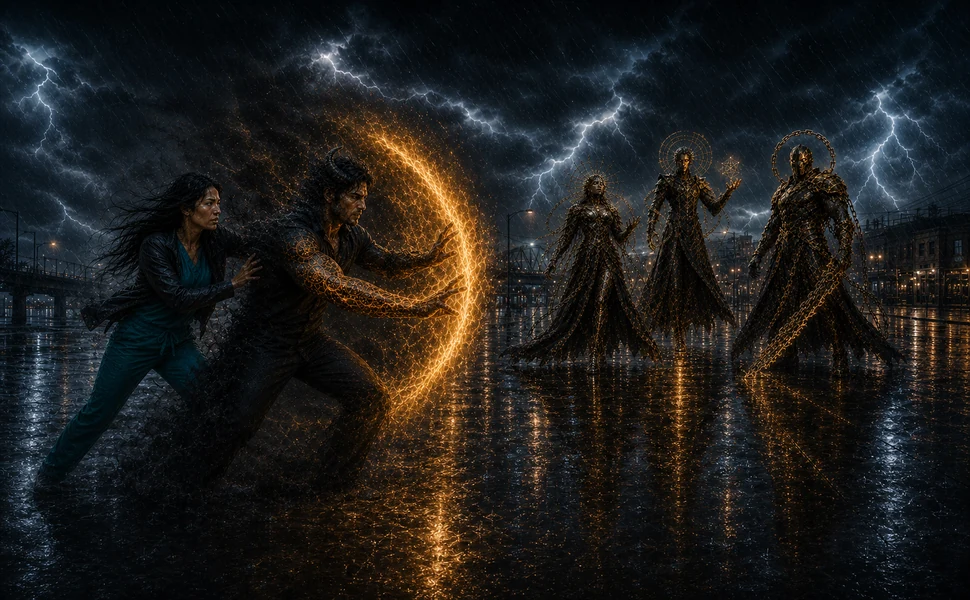 Matt Crowley shields Dr. Christine Hale with fire as the Gilded Three descend over Waco