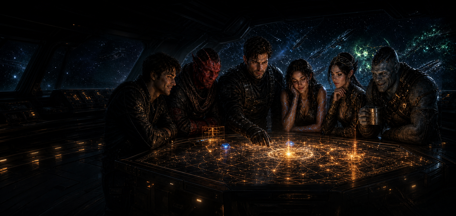 The Nightwake crew gathered around a glowing holographic star map
