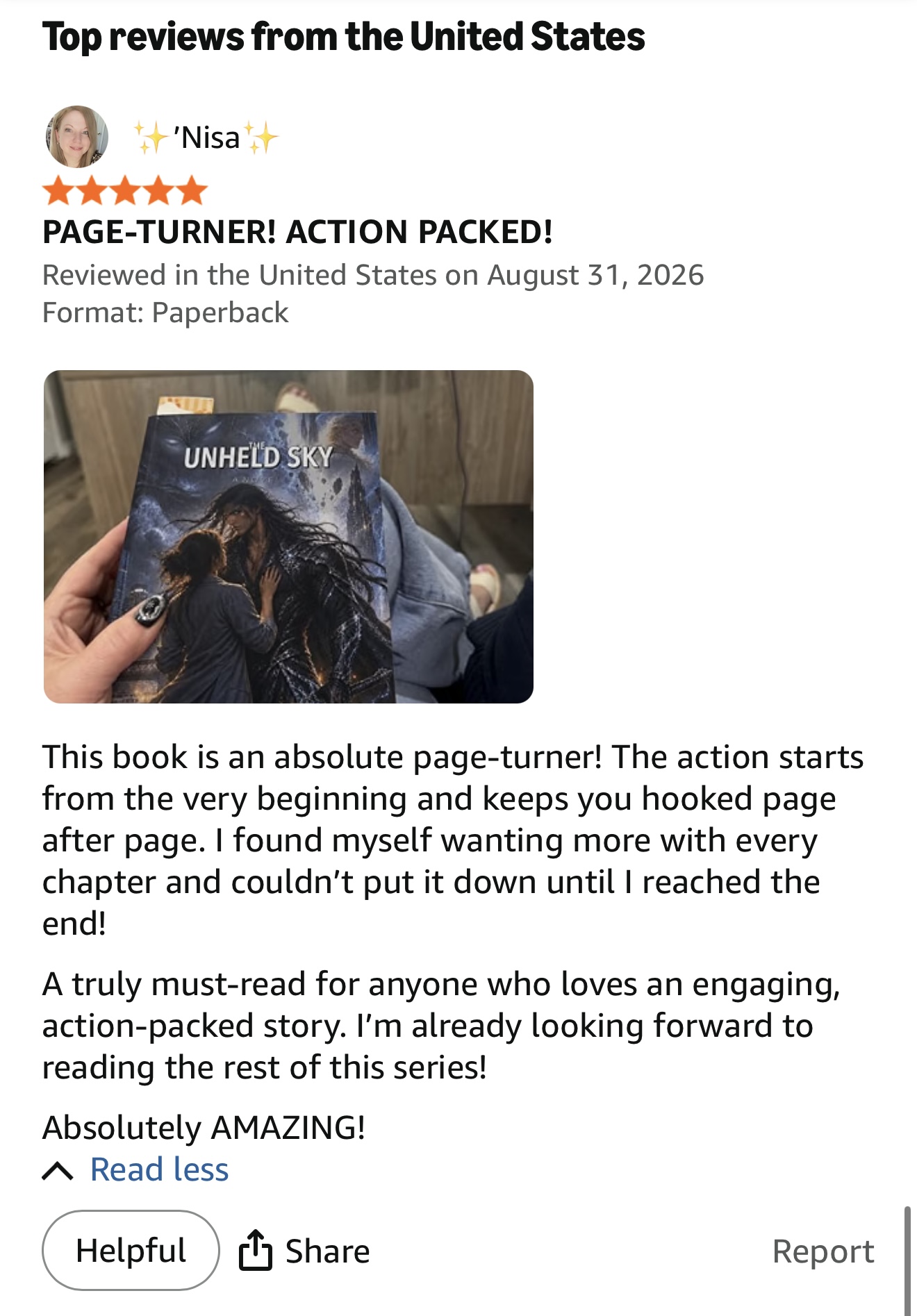 Five-star reader review for The Unheld Sky