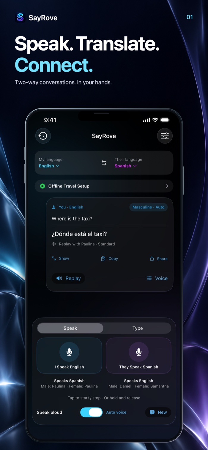SayRove App Store screenshot of the two-language conversation interface