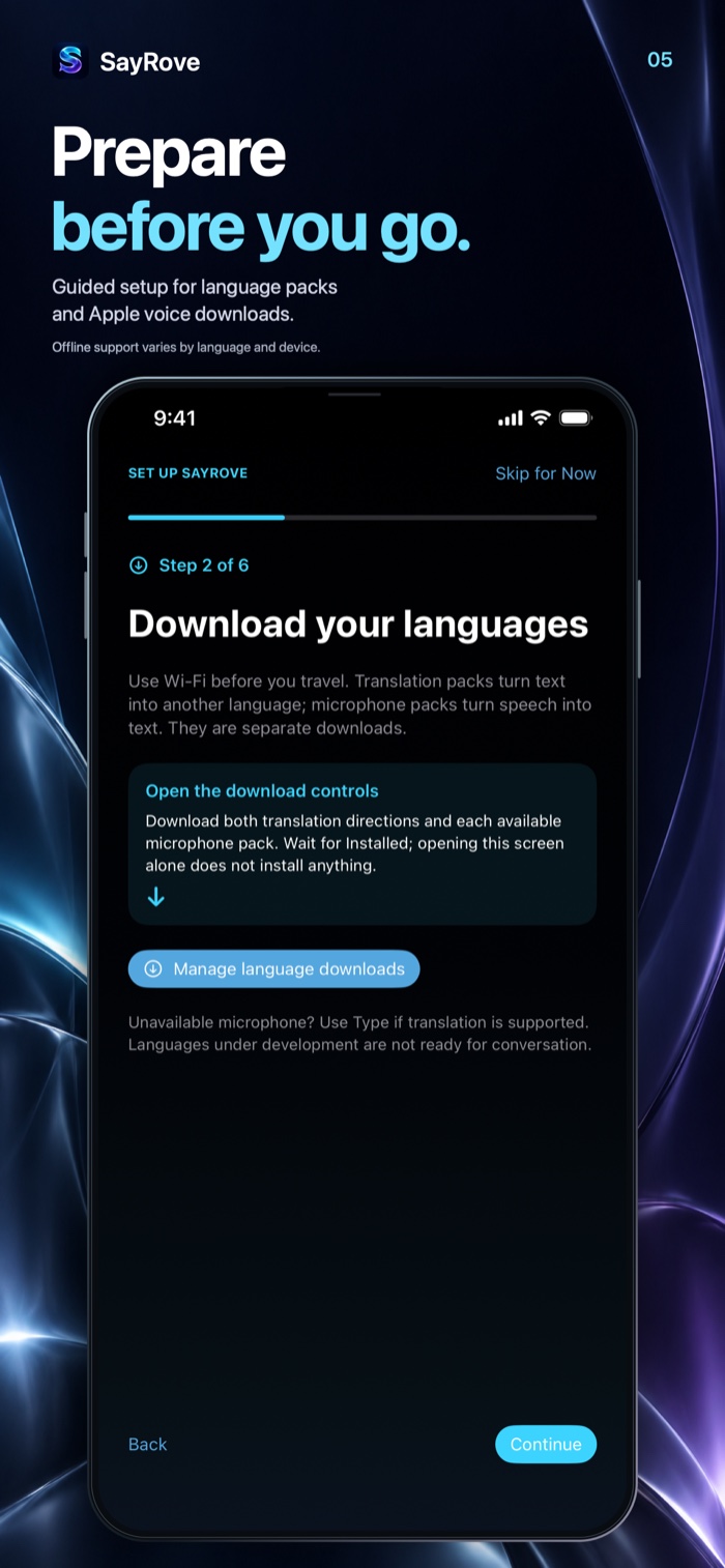 SayRove App Store screenshot showing language resource download preparation