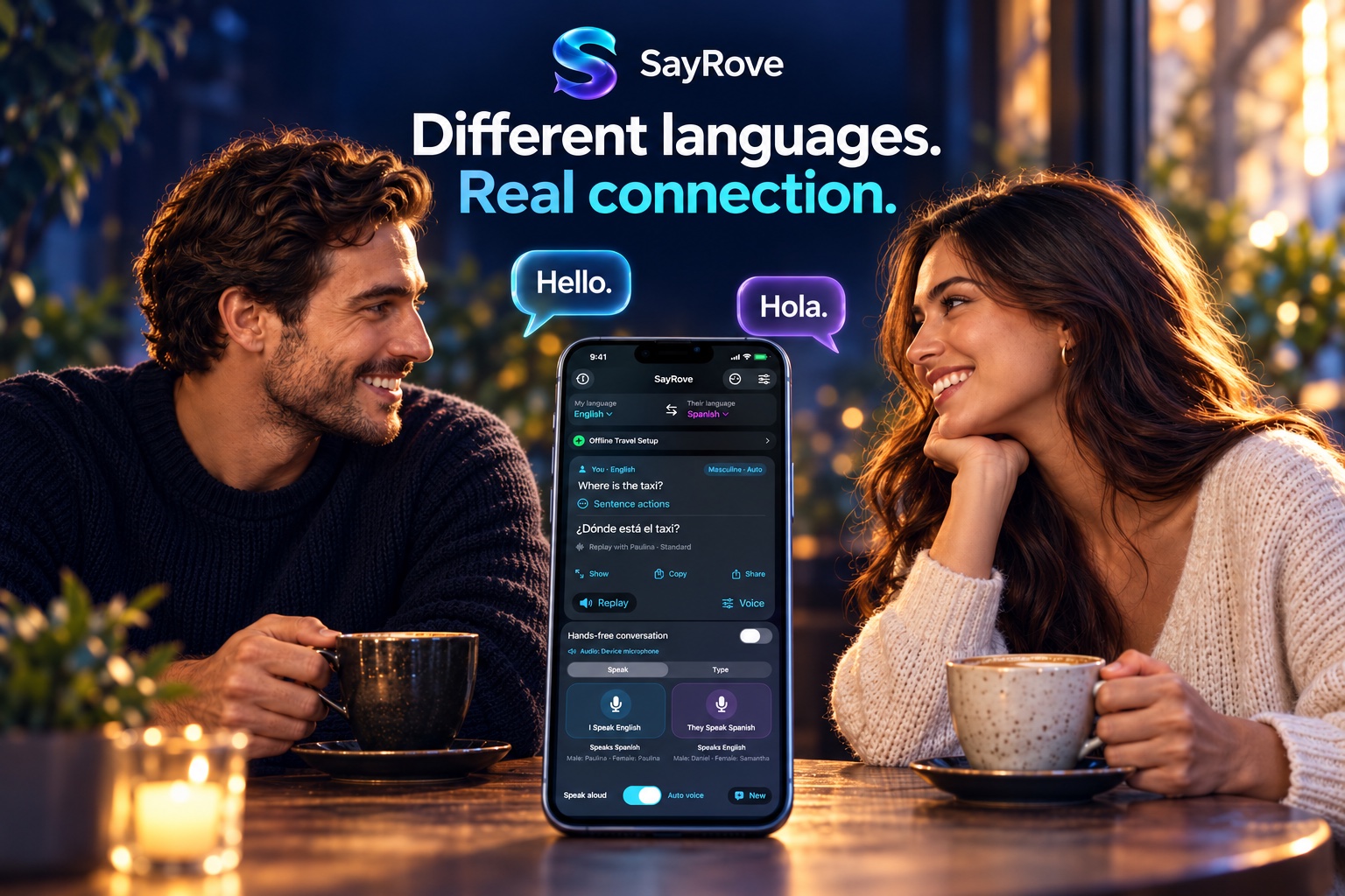 SayRove marketing artwork showing two people connecting across languages with the translator app between them