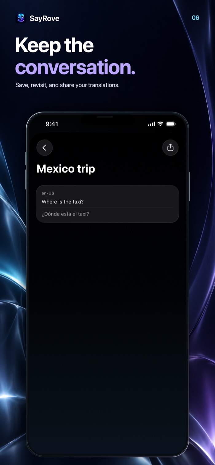 SayRove App Store screenshot showing saved conversations