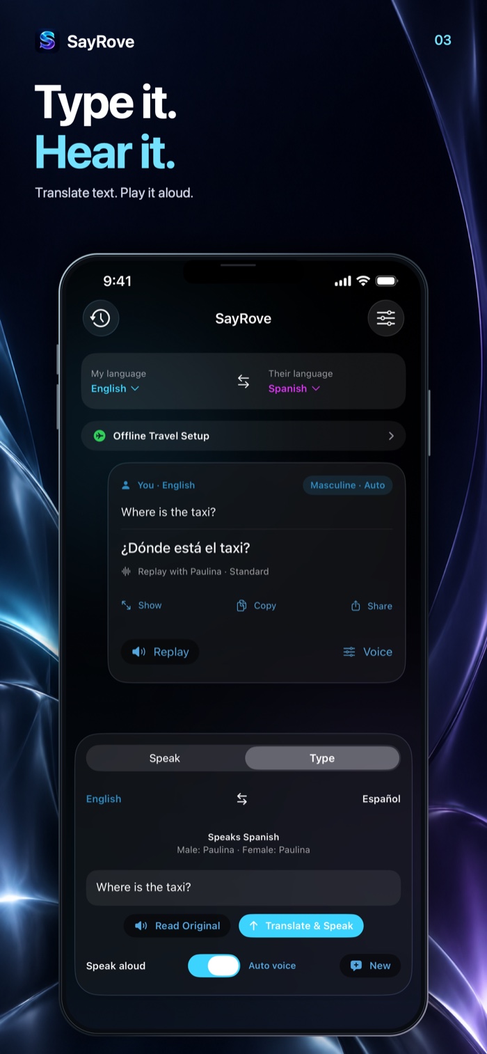 SayRove App Store screenshot showing typed translation