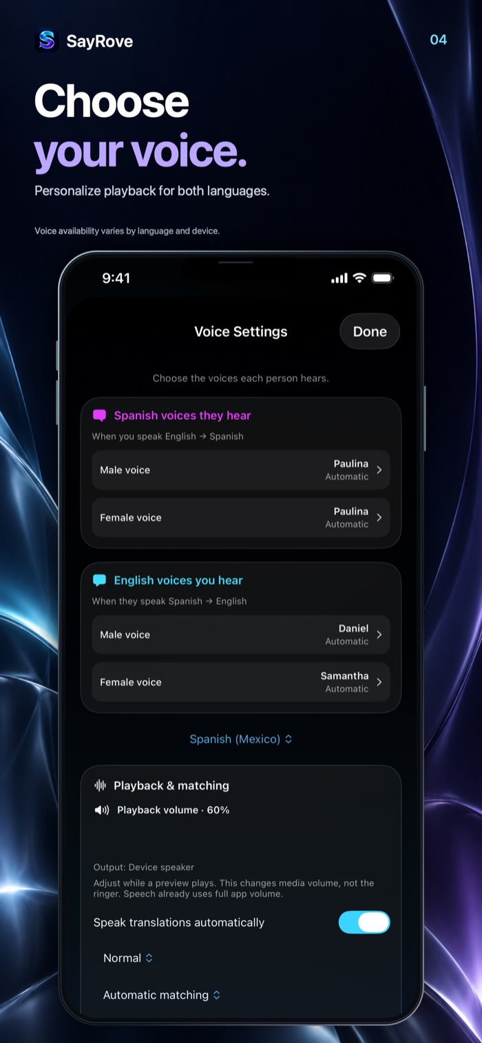 SayRove App Store screenshot showing playback voice choices